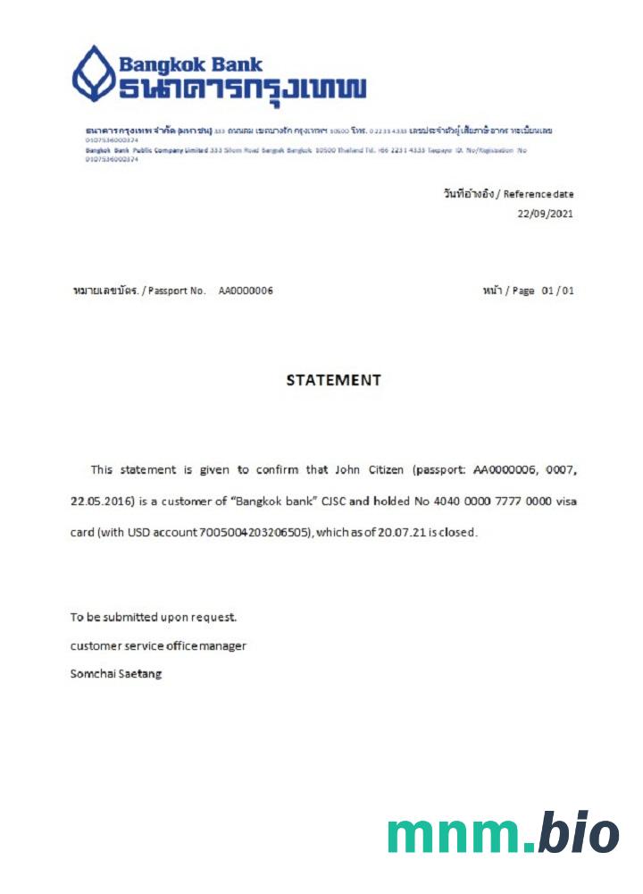Przykład zamknięcia banku w Tajlandii w Bangkoku w formatach Word i PDF